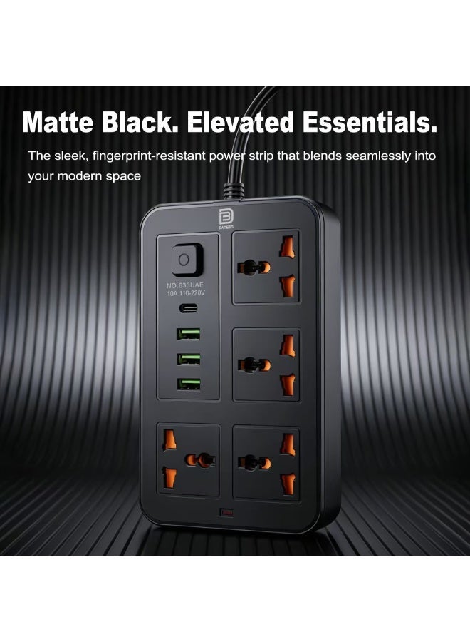 DANEEN 8 in 1 Power Strip with 4 AC Outlets, 3 USB‑A  & 1 USB‑C PD Port, Surge Protector, 5m Heavy-Duty Extension Cord, Overload Protection, Wall-Mountable Multi-Plug for Home, Office (Black) - Image 3